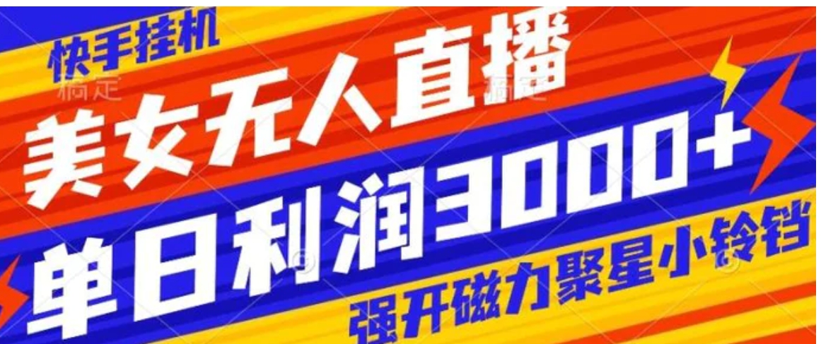 快手挂机，美女无人直播，强开磁力聚星小铃铛，日入3000+-沈文轻创