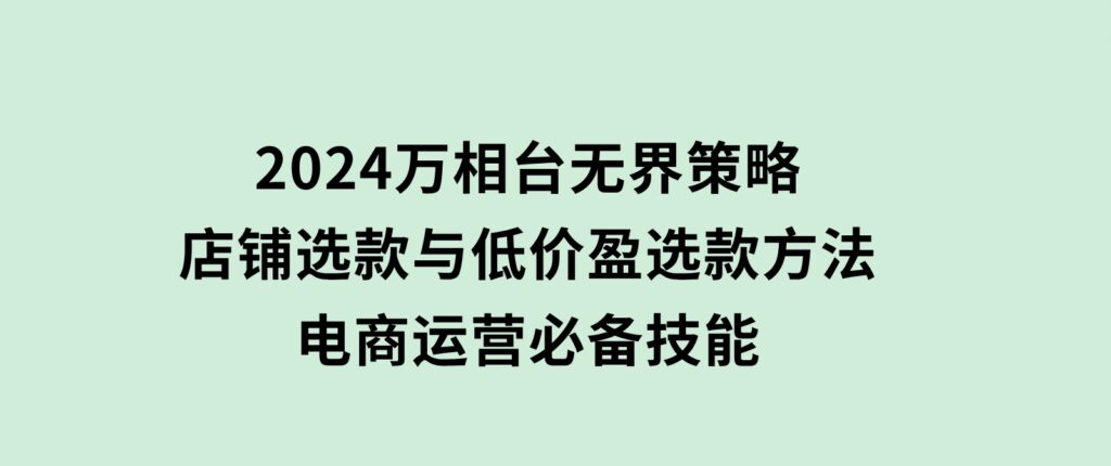 2024万相台无界策略，店铺选款与低价盈选款方法，电商运营必备技能-沈文轻创