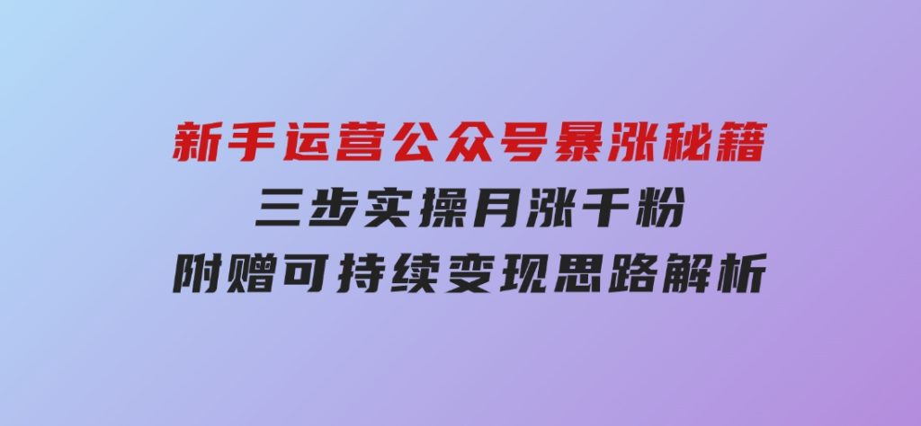 新手运营公众号暴涨秘籍，三步实操月涨千粉，附赠可持续变现思路解析-沈文轻创